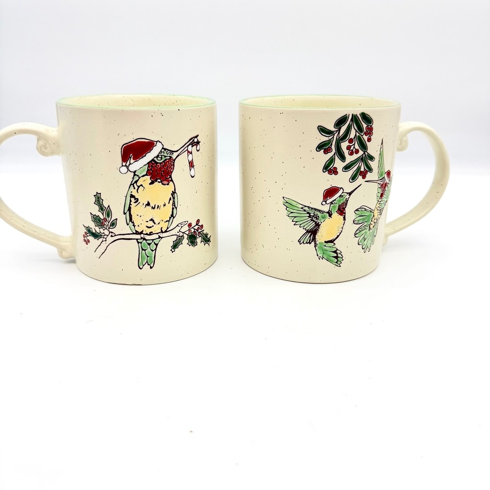 Eli + Ana‎ Christmas Hummingbird Mugs Speckled Ceramic Set of 2 Green Rim 2022
